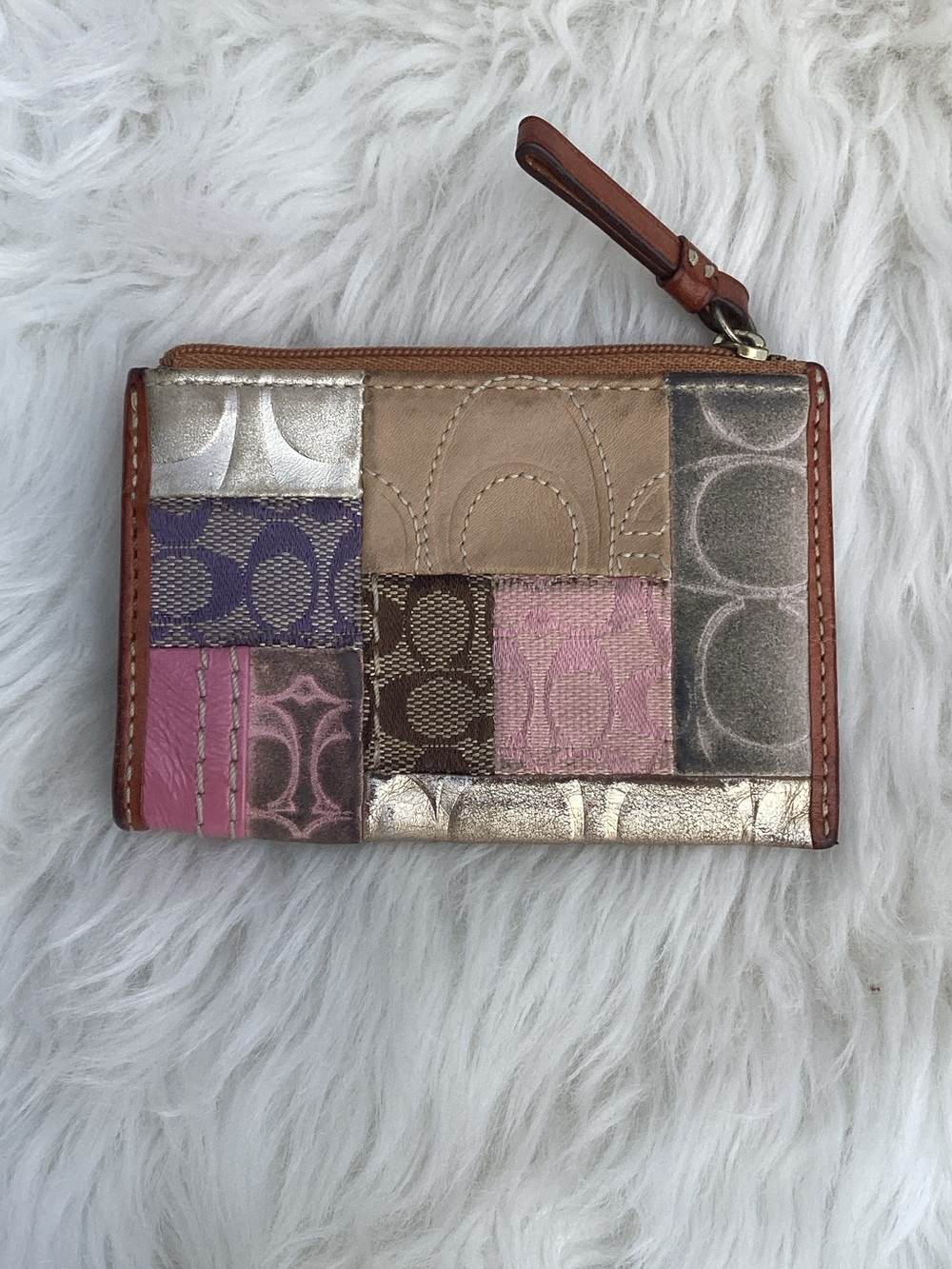 Coach Skinny Mini Metallic Patchwork Zip Card Case Wallet in Pink, Gold, Purple